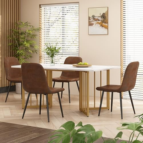 Merax Table à manger rectangulaire 140 x 80 cm, motif marbre, pieds réglables, pieds de support en forme de V, cadre en métal, convient pour restaurant, salon, cuisine, salon, blanc/doré
