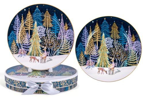STP GOODS Lot de 2 assiettes à dessert en porcelaine anglaise dans un coffret cadeau, assiettes vintage de 19 cm pour la maison et la cuisine, collection de Noël, passent au lave-vaisselle (forêt