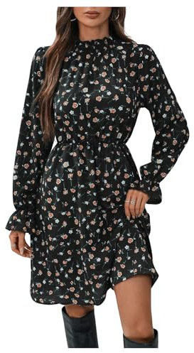 GORGLITTER Women's Floral A Line Flared Ruffle Short Dresses Mock Neck Long Sleeve Flowy Dress Black M
