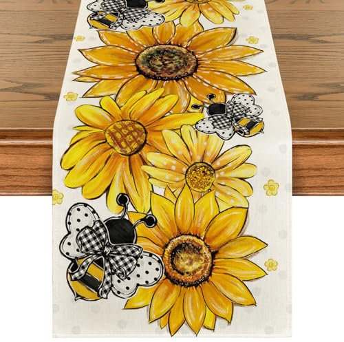 Artoid Mode Sonnenblumen Bienen Frühling Tischläufer, Saisonnal Sommer Küche Tisch Dekoration Drinnen Urlaub Party Dekor 40x180 cm