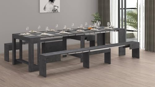 Dmora - Bank Torquato, Set mit 2 Sitzgelegenheiten für den Esstisch, ausziehbare Bänke, 290x25x45 cm, Schiefer