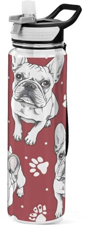 Mnsruu Bulldog Gery on Red Water Bottle with Straw 1 Litre Sports Bottle Tritan BPA Free Clear Drinking Bottle for Adults Outdoor School Gym Travel