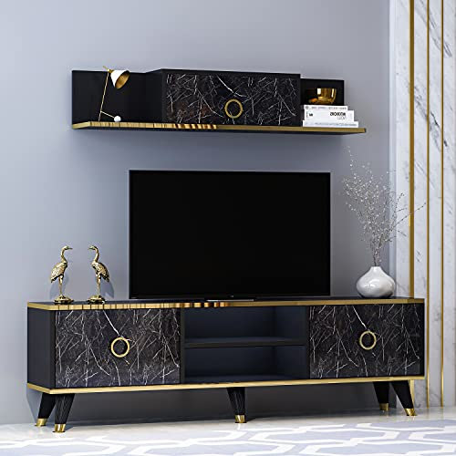 Homidea Vera Wall Unit - Living Room TV Set - TV Cabinet - TV Lowboard - TV Table - TV Furniture with 2 Doors and Wall Shelf in Shiny Design (Vera TV - Black Marble)