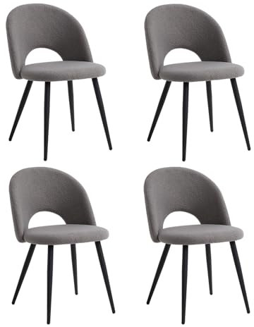 JZGORC Lot de 4 Chaise de Salle à Manger, Chaise de Salle à Manger Teddy en Velours Doux, Chaise de Cuisine avec Siège Moelleux et Accoudoirs, Pieds en Métal - Gris