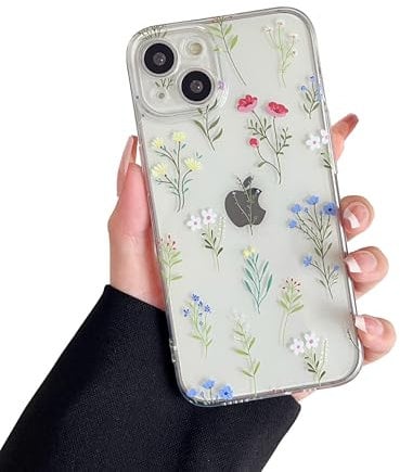 RALEAVO Compatible with iPhone 15 Case, Cute Clear Floral Case for Girls Women, Soft Silicone Shockproof Protective Bumper Case with Flowers Patterns Phone Case for iPhone 15 - White