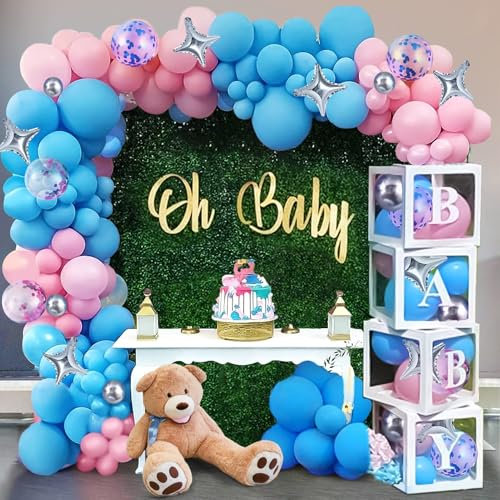 120PCS Gender Reveal Party Decoration Baby Ballon Kit Arche Ballon Bleu Rose Blanc & 4 Baby Boîte & DIY BABY Lettres Fille Garcon Fête de Révélation de Genre Party Bébé Girl Or Boy Baby Shower Decor