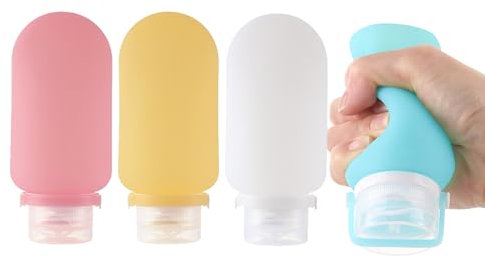 Hinourisha Silikon Reiseflaschen Set 90ml, Silikon Reiseflaschen Set 4 Stück Travel Essentials Nachfüllbare Reisegröße Flaschen Auslaufsicher Reise Container Shampoo Creme Spülung, Reise Gadgets