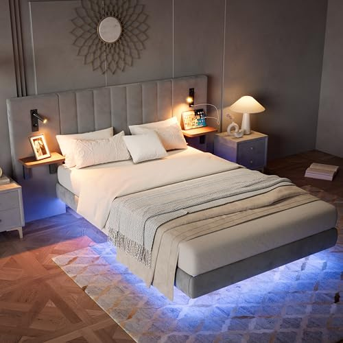 ModernLuxe LED Upholstered 4ft6 Double Bed 135x190cm, Grey Velvet + Iron, Charging Socket, Headboard Storage, 2 Bedside Lamps, Soft Headboard - NO Matress