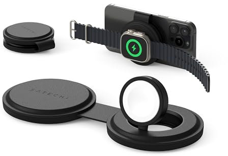 SATECHI OnTheGo Caricatore da viaggio Qi2 2-in-1 con ricarica rapida da 15W per iPhone e 5W per Apple Watch, caricatore wireless magnetico MagSafe – Nero