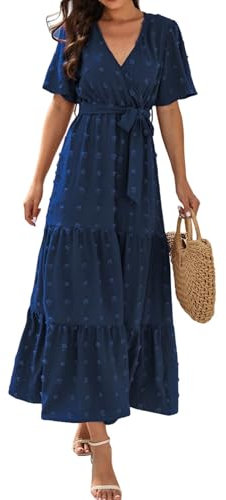 SCBFDI Robe Cocktail Femme Sexy Cintrée Ete Courte Devant Longue Derriere Manches Volantes Bureau Estivale Chic Plage Robe, Robe Grecque Bleu XL