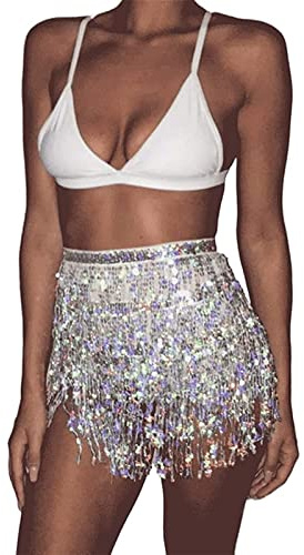 Nicoxijia Women's Sequin Tassel Skirt Sparkly Fringe Belly Dance Performance Mini Skirts Belly Dance Hip Scarf Rave Costume