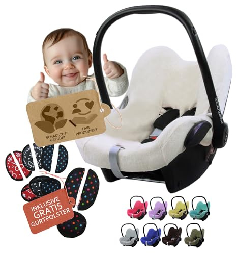 Frottee Sommerbezug [Schonbezug für Babyschale] Autositz kompatibel mit Maxi Cosi Cabrio Fix + GRATIS Gurtpolster (weiss + GP)