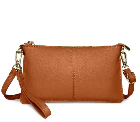 FORRICA Portefeuille Femmes Téléphone Sac à Bandoulièr Cuir Véritable Petit Bandoulière Pochette Dames Elegant Glissière Porte Monnaie Camel