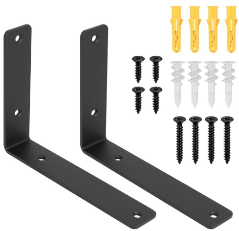McBlast 2 Stück Schwerlast Regalhalterung Schwarz 200x150mm | Winkel L-Form, schwebendes Design, 90-Grad-Wandmontage, robustes Metall, für Holzregale und Möbel, einfache Befestigung
