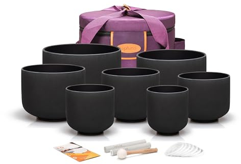 TOPFUND Chakra-Klangschalen aus schwarzem Kristall, 15,2–30,5 cm, 432 Hz, mit robusten Tragetaschen und Schlägeln, 7 Stück