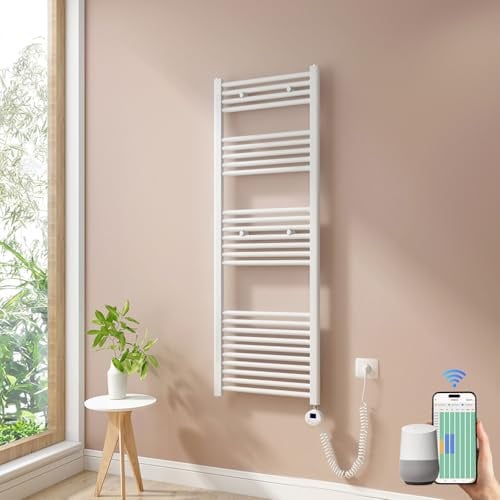 Heilmetz Smart WiFi Badheizkörper Elektrisch 140x50cm Elektrischer Handtuchtrockner mit Thermostat und Timer-Funktion Gerade Handtuchheizkörper Weiß 600W