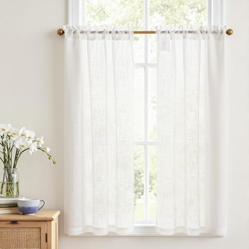 Vangao Scheibengardinen Modern Voile Bistrogardine 2er Set 65Bx115Hcm Weiß | Gardinen Kurz mit Stangendurchzug, Küche Wohnzimmer Wohnwagen, Halbtransparent Lichtdurchlässig 115cm lang Boho Landhausstil