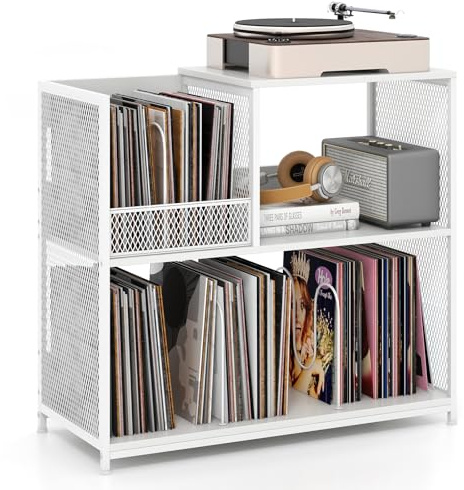COSTWAY Record Player Stand, 3-Tier Turntable Stand End Side Table with Open Shelves and 3 Removable Dividers, Vintage Albums Vinyl Record Storage Cabinet Holder for Living Room Bedroom (White)