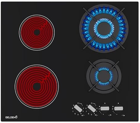 BELDEKO Piano cottura misto gas + vetroceramica 4 fuochi – 7400 W – Bruciatori a gas a doppia corona – comandi controllabili – vetro nero – incasso