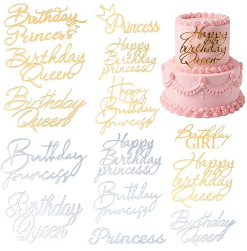 SULIKJHUI 14 Pcs Happy Birthday Princess Cake Topper, Birthday Cake Topper | Birthday Queen Cake Topper, Acrylic Cupcake Decorations for Women, Girls Party Supplies, Gold & Silver
