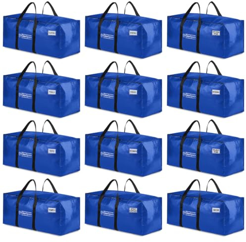 ClearSpace Heavy Duty Moving Bags or Storage Bins with Lids, Blue, 12 Pack | Extra large moving bags with reinforced handles hold clothes, bedding, blankets, and household essentials with ease
