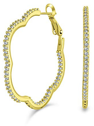 Blume Geformt Pave Cz Kubischer Zirkon Große Klee Hoop Ohrringe Hoop Ohrringe Für Frauen 14K Gelbgold Vergoldet Messing 1,5 Zoll Durchmesser