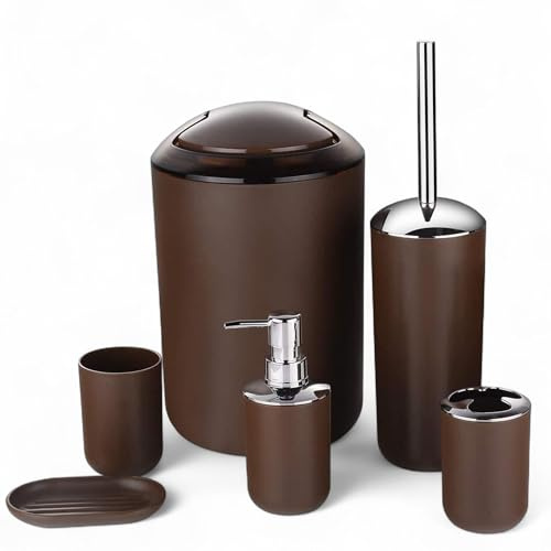 6tlg Badset Badezimmer Zubehör Set Organizer: Seifenspender, Zahnputzbecher, Kosmetikeimer, WC Bürste und Halter, Seifenschale, Mülleimer, Zahnbürstenhalter, Badgarnitur (Braun Design 3)