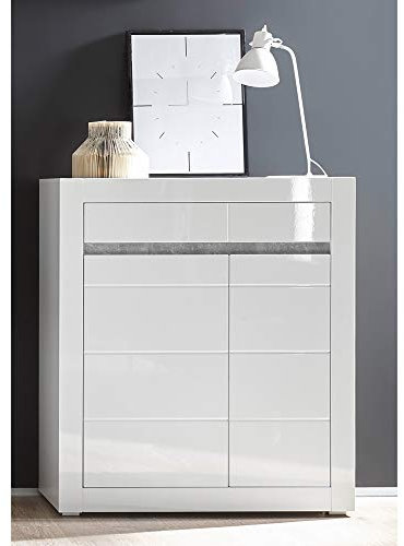 Lomadox Highboard in weiß Hochglanz mit Griffmulden in Betonoptik Breite: 100cm
