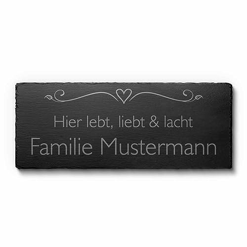 Naturschiefer Türschilder mit personalisierter Gravur und hübschen Motiven - Wetterfeste Lasergravur | Größe 25x10 cm - Namensschild aus Schiefer mit Gravur