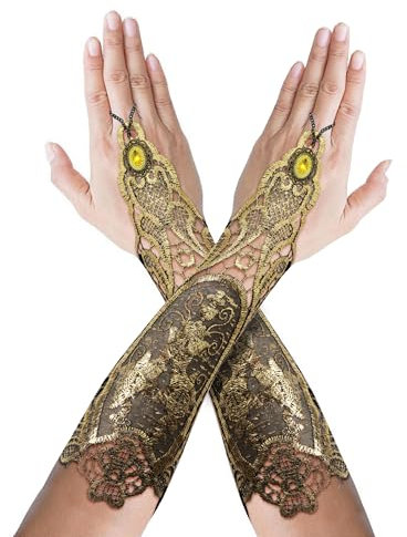 AILUOR Frauen Bankett Goth Lange Opera Party Halloween Kostüme Fingerlose Elegante Spitze Gestickte Braut Durchbohrte Handschuhe Armband 9,8 Zoll (Gold)