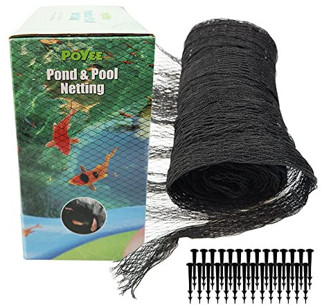 POYEE Pond Netting for Leaves 6m x 9m Pool Leaf Cover Net with Small Fine Mesh Protecting Koi Fish from Birds, Cats - Stakes Included