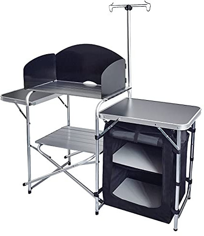 CampLand Table de cuisson pliante en aluminium avec organiseur de rangement, pare-brise, crochets pour barbecue, fête (Noir)
