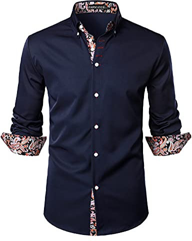 PARKLEES Mens Hipster Paisley Patchwork Design Slim Fit Long Sleeve Button Up Dress Shirts Navy M