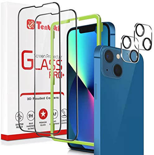 Tentoki [2+2 Packs Compatible for iPhone 13 Mini Screen Protector 2021(5.4 inch) with Camera Lens Protector, 9H Hardness/Case Friendly/Tempered Glass with Easy Installation Frame…