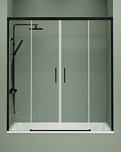 Mampara Bañera Frontal Corredera | Frente de Bañera de 2 Fijos + 2 Puertas Correderas Apertura Central | Cristal templado de 6mm ANTICAL | Altura 150cm | Negro Mate 160 cm (Adaptable 154-159cm)