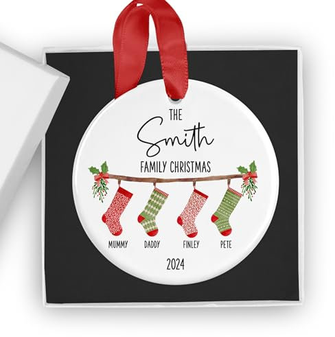 2024 Personalised Family Christmas Stocking Ornament with Gift Box – Customisable Names for Up to 6 Family Members – Festive Xmas Tree Bauble Keepsake – Ideal Family Gift