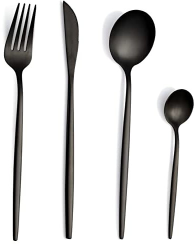 Couverts de table pour 6 personnes, Pleafind 24 pièces couverts noirs mats, couverts inox, set couverts de table avec couteau, fourchette, cuillère, va au lave-vaisselle