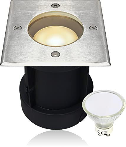 LEDFULL® LED Bodeneinbaustrahler schwenkbar für Aussen - IP67 Wasserdicht & Befahrbar inkl. GU10 230V Spot Warmweiß 5W - Hell & Sparsam/Eckiger Garten Bodenstrahler