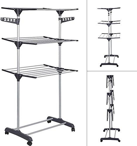 Étendoir séchoir à Linge, Sechoir à Linge étendoir Pliable Ailes latérales sur 3 Niveaux pour Usage Intérieur/Extérieur (A/Gris)