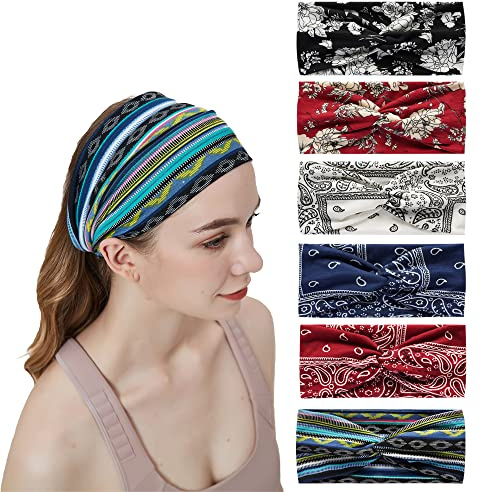 6Stück Stirnbänder für Frauen Breite verknotete Turban Bandana Boho Kopftücher Wraps Yoga Haarbänder Stoff elastische Stirnband Sport Laufen Kopftücher