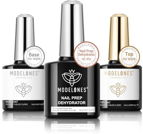 Modelones Base Coat Top Coat UV und Dehydrator für Nägel Set, 3 x 10ml Spezialisiert Primer UV Led Gel Nagellack No Wipe Unterlack und Überlack für Gelnägel Nageldesign Nail Art Maniküre Set
