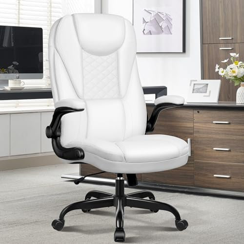Guessky Chefsessel Bürostuhl, Hoher Rückenlehne Ergonomischer Bürostuhl mit gepolsterter Armlehne, Drehstuhl mit Rollen, Lendenwirbelstütze und höhenverstellbar, Computerstuhl für Gaming, Weiß