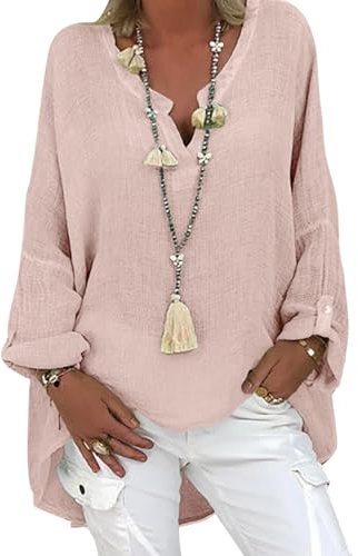 Chemisier en Lin pour Femme - Tunique d'été - Col en V - Grande Chemise à Manches Longues en Lin et Coton - Chemise imprimée (F Rose, M)