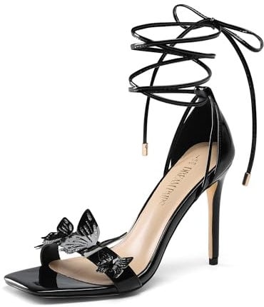 DREAM PAIRS Women's High Stiletto Heels for Women Open Toe Adjustable Bow Lace Up Heels Strappy Block Heel Wedding Bridal Party Prom Dress Shoes,Size 6.5,Black-Pat,SDHS2403W