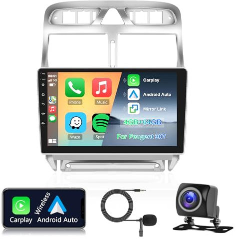 Hodozzy 8 Core 4G+64G Autoradio per Peugeot 307 307CC 307SW 2002-2013 Android 9 Pollici IPS Touch Schermo GPS Navigation Wireless Carplay Android Auto 2 Din Radio Bluetooth DSP WiFi FM RDS, Camera