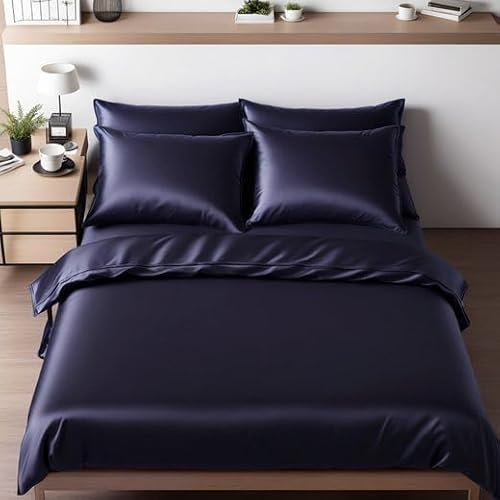 Cozyor Satin Bettwäsche 200x200 extra dick und weich mit robustem Reißverschluss 2X Kissenbezug 80x80 cm, edles Satin 3-teilig, dunkelblau Ocean