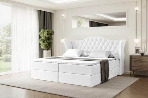 ALTDECOR Boxspringbett mit Matratze und Lattenrost, Boxbett, Topper, Polsterbett mit Bettkasten, Bett mit Stauraum H4-Matratze, Doppelbett, Springboxbett - Vila - 180x200 - Weiß Kunstleder