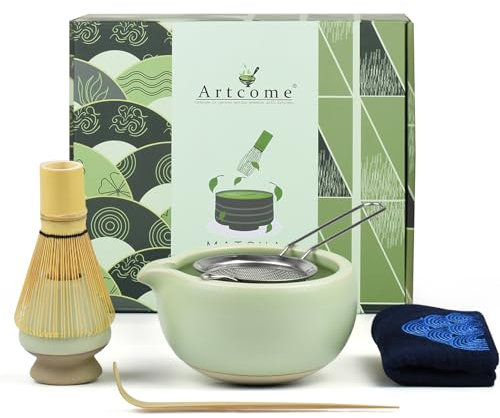 Artcome Kit completo de ceremonia de té matcha de 7 piezas, bambú y cerámica, verde, juego de matcha, Usucha, Koicha y Matcha Latte