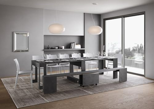 IMAGO FACTORY Lover - Ausziehbarer Konsolentisch mit unterer Bank, ausziehbarer Tisch für Esszimmer (bis zu 302 cm) moderner Konsolentisch, Küchentisch, hergestellt in Italien (Anthrazit Spachtel)