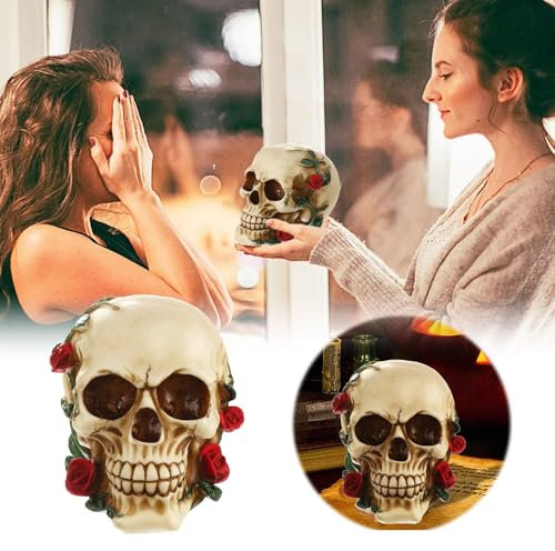 Stifte Becher Metall Harzstatue Kopf Skelett Flüstern der Figur Skulptur mit roter Rose Schubladenboxen Kommode (Beige, 12X7X11.5cm)